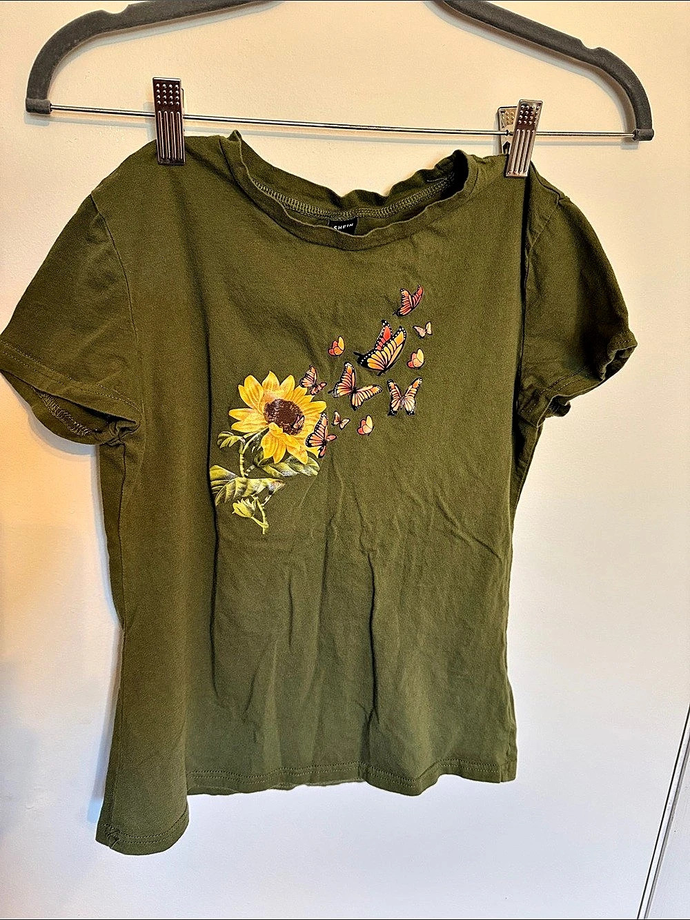 SHEIN Sunflower & Butterfly Print Tee Green XS